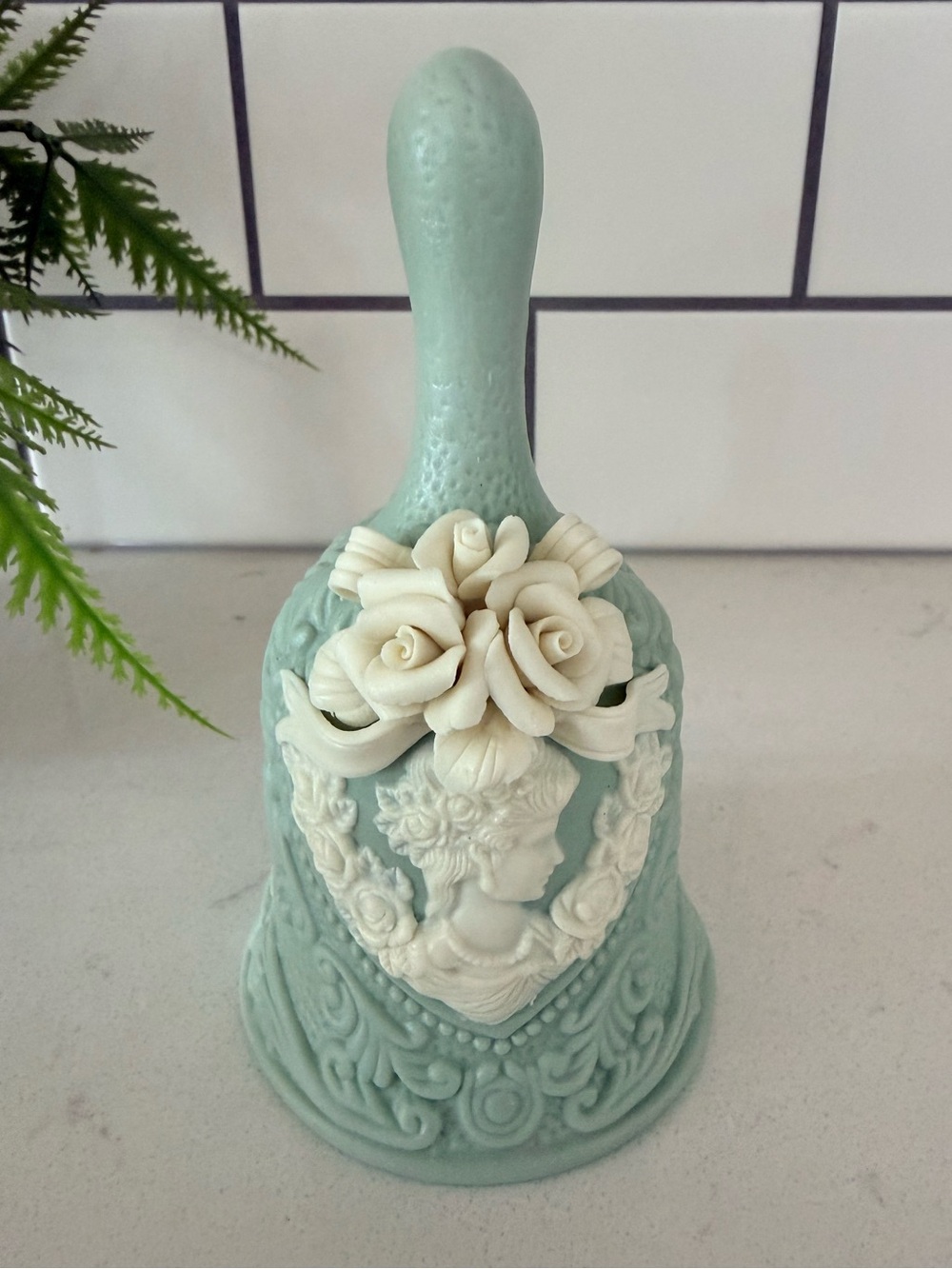 Vintage JTS International Jasperware Sage Green Ivory Cameo/Roses Bell 1999